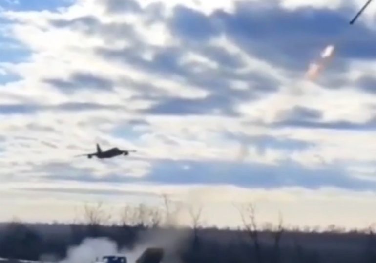 Moment Putin fighter pilot cheats death as his own side opens fire on Su-25 jet with rocket launcher in shock near-miss