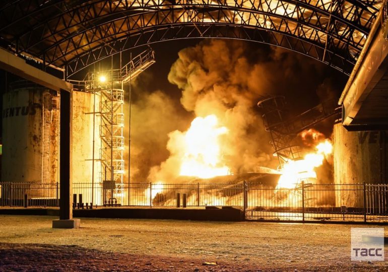 Dramatic moment Ukraine hits key Russian oil base sparking huge blaze as Putin train is blown up in ‘sabotage attack’