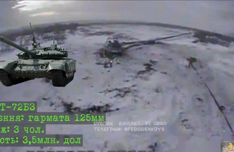 Moment Putin’s $500k T-72 tank is eviscerated by kamikaze drone sending turret flying 100ft above scarred battlefield