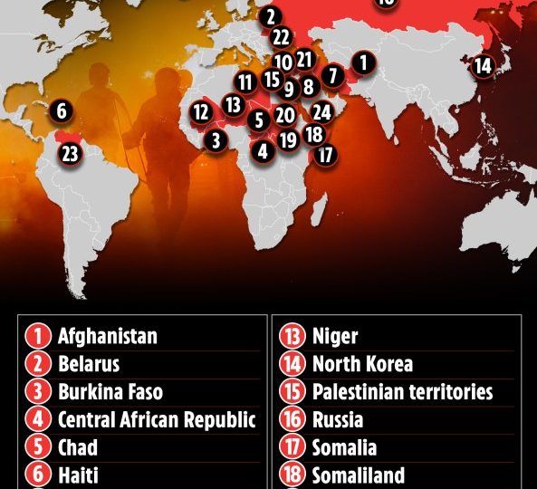 Chilling map reveals a fifth of the planet now too DANGEROUS to visit with 66 destinations blacklisted amid WW3 threat