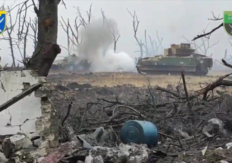 Dramatic moment US Bradley armoured truck blows up THREE Russian BMP-2s saving troop of Ukrainians from certain death