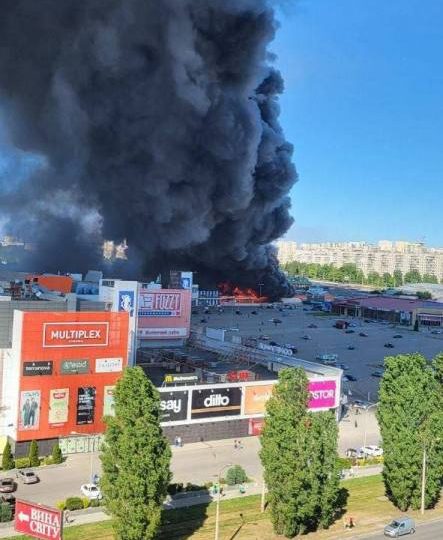 Huge inferno as Russian missiles strike Ukrainian retail park packed with hundreds of civilians leaving many feared dead