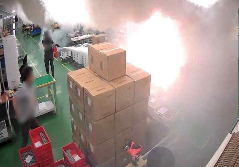 Watch horror moment boxes of batteries suddenly EXPLODE sparking horrific factory inferno that killed 23 workers