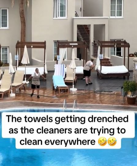 Moment sunbed hoggers get just desserts after towels are drenched by early morning cleaners with HOSES in Tenerife