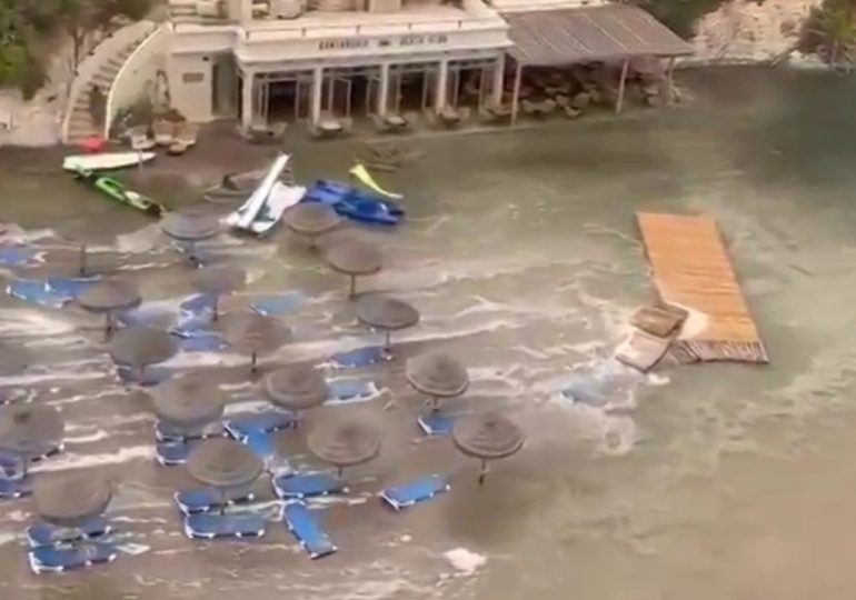 Watch moment huge ‘meteo-tsunami’ sends tourists scrambling & washes away sunbeds in hols hotspot Menorca