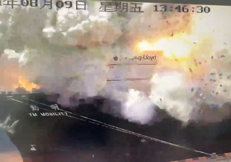 Watch terrifying moment Chinese cargo ship EXPLODES in massive fireball in port in chilling echo of Beirut mega-blast