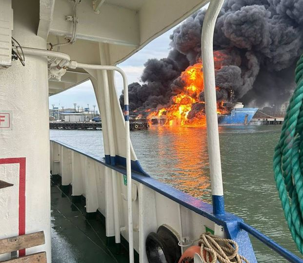 Dramatic moment Russian ferry carrying fuel tankers explodes in huge fireball after ‘Ukrainian missile strike’ in Crimea