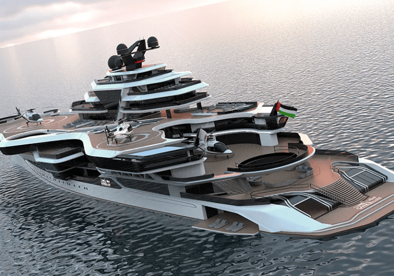 Inside plan for 460ft megayacht ‘Floating Dubai’ designed as a luxury aircraft carrier with two helipads, pool & spa