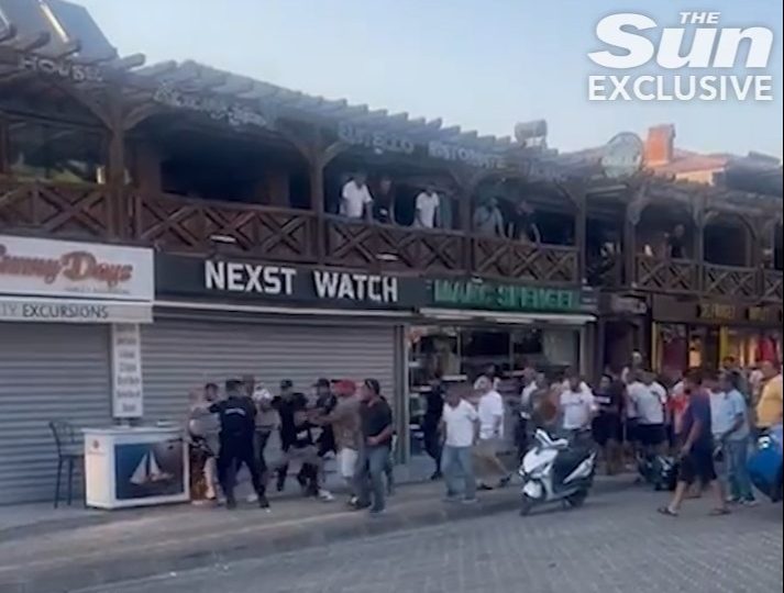 Watch shocking moment mass brawl erupts between knife-wielding thugs in Turkish holiday hotspot forcing Brits to flee