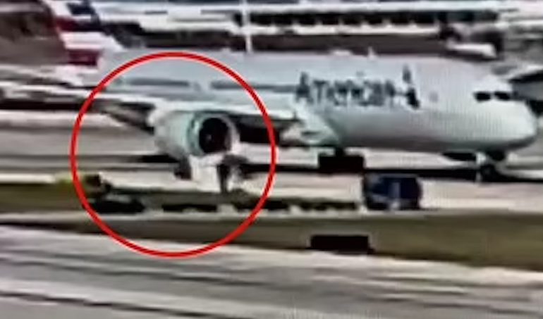 Shocking moment plane’s engine sucks up luggage truck and shreds it to pieces in front of horrified passengers