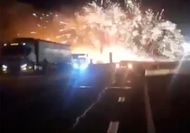 Four dead including two children, 8 & 11, after car crashes into truck loaded with fireworks triggering huge blast