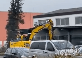 Watch terrifying moment stolen digger goes on RAMPAGE as armed cops shot driver dead in chaotic footage