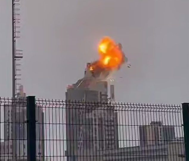 Moment Ukrainian drone strikes 400ft Russian skyscraper sparking huge blast as Putin’s city is bombarded in enemy attack