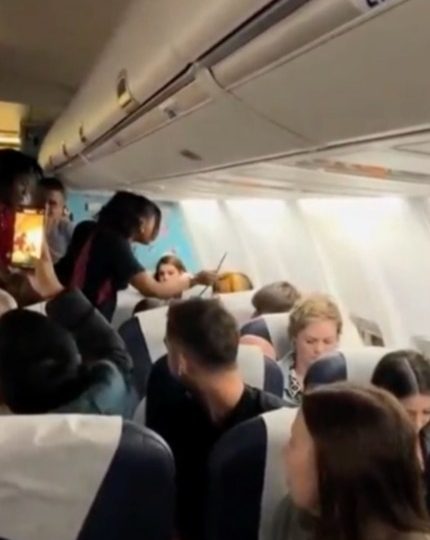 Moment female plane passenger throws her drink at stewardess before tossing her wig and attacking other travellers