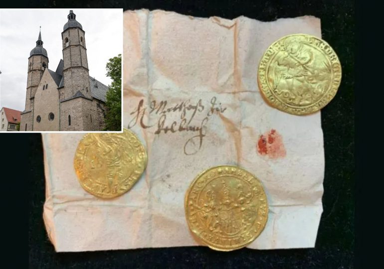 Mysterious 400-year-old cache of ancient treasure found hidden crammed inside leg of STATUE in church