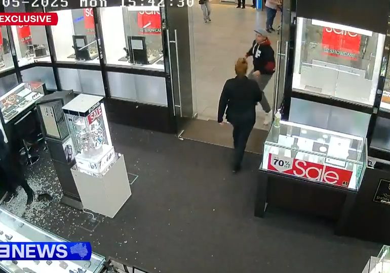Watch moment have-a-go hero dad tackles hammer-wielding robber smashing open jewellery cases at shopping centre