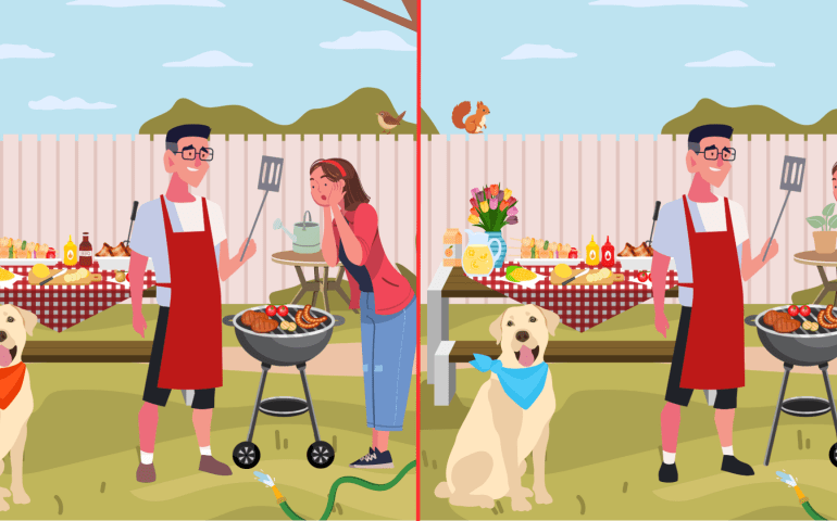 Everyone can see the dog – but can you spot 12 differences between the family barbecue scenes in this brain teaser