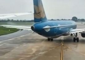 Terrifying moment passenger planes collide on runway as wing rips through stationary Airbus leaving hundreds stranded