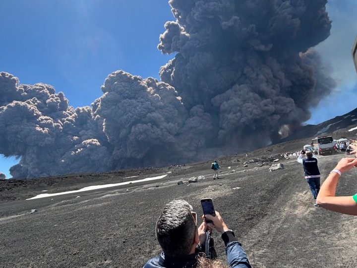Mount Etna erupts sending tourists fleeing for lives as volcano explodes into life & smoke plume rises from mountain