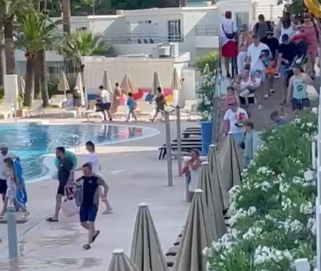 Watch determined tourists wear sprint shoes & even STRETCH before dawn dash for Magaluf pool spot…having queued for 1hr