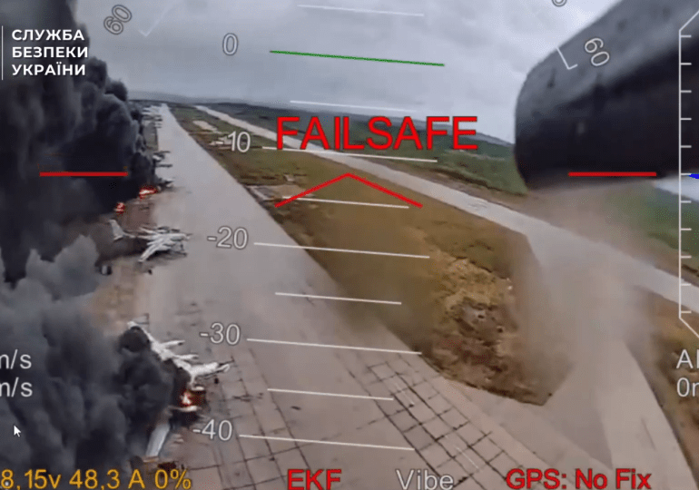 Clearest vid yet of daring Op Spiderweb shows 35 Ukrainian bomb drones blowing up plane after multimillion dollar plane