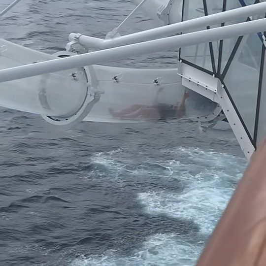 Horror moment panicked cruise passenger squirms as she gets STUCK in clear water slide hanging overboard 100ft above sea
