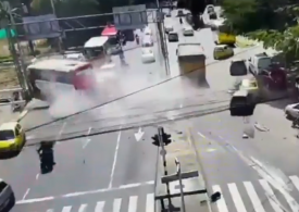 Chaos as runaway dumper lorry with full 17-tonne load & no brakes smashes into 12 cars and sends bus careering off road