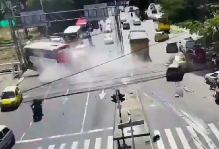 Chaos as runaway dumper lorry with full 17-tonne load & no brakes smashes into 12 cars and sends bus careering off road