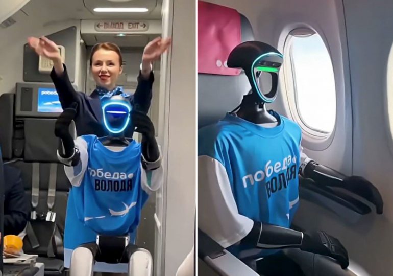 Watch humanoid robot AIR STEWARD greets passengers and gives safety demo on packed flight in eerie vision of the future