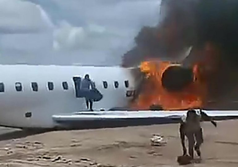 Horror moment private jet carrying govt minister burns after crashing off end of runway as clip captures landing bungle