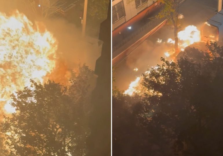 Terrifying moment car explodes sending enormous fireball into sky & injuring seven firefighters in New York City