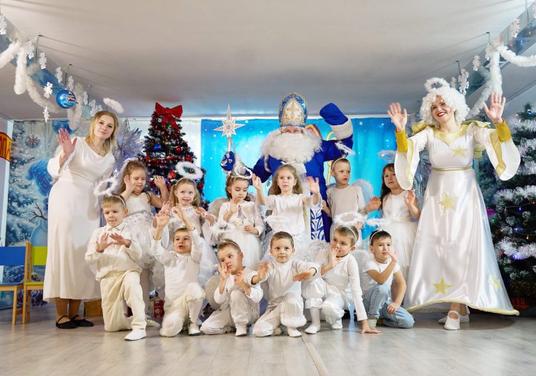 Brave Ukrainian kids perform Christmas nativity play in underground bunker before receiving gifts from St Nicholas