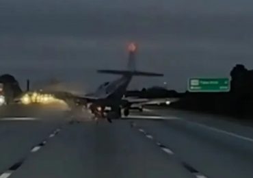 Horror moment plane ‘drops out of the sky’ and crushes car driving along busy highway injuring driver in freak crash