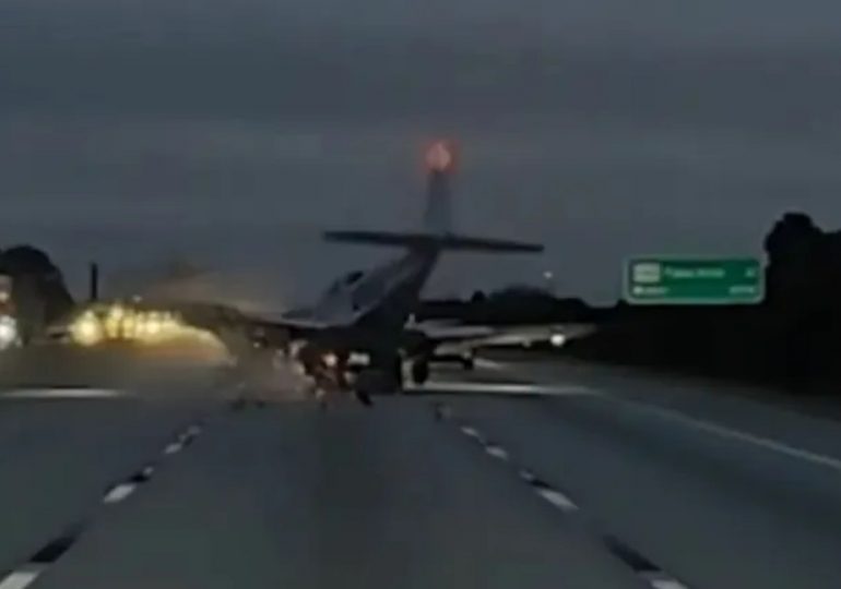 Horror moment plane ‘drops out of the sky’ and crushes car driving along busy highway injuring driver in freak crash