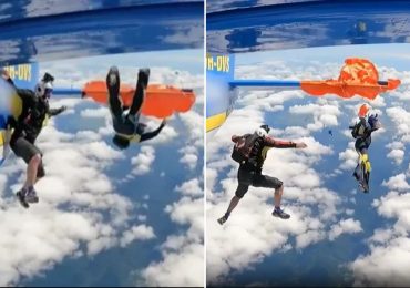 Horror moment skydiver’s parachute gets CAUGHT on plane’s tail leaving him in terrifying tangle after jump goes wrong