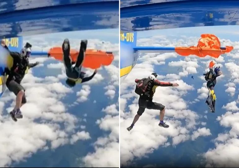 Horror moment skydiver’s parachute gets CAUGHT on plane’s tail leaving him in terrifying tangle after jump goes wrong