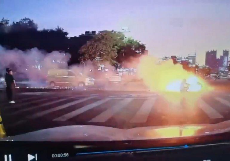 Shock vid of electric bike bursting into flames while being ridden down busy road setting rider on FIRE resurfaces