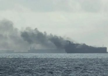 ‘Russian shadow fleet tanker hit by Ukrainian drone’ as black smoke seen pouring from vessel in latest blow to Putin