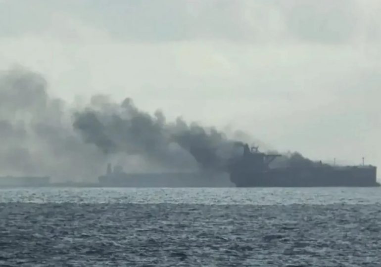 ‘Russian shadow fleet tanker hit by Ukrainian drone’ as black smoke seen pouring from vessel in latest blow to Putin