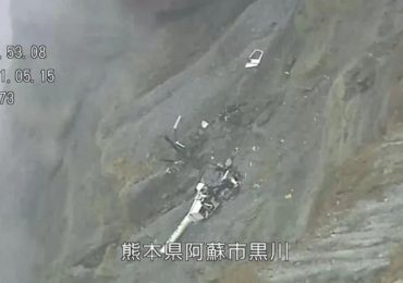 Horror pic shows helicopter wreck inside active volcano crater near cliff edge after chopper crashed as three missing