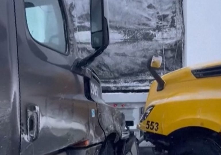 Brutal snowstorm sparks enormous 100-CAR PILE-UP on major highway with trucks jack-knifed & cars sent careering off road