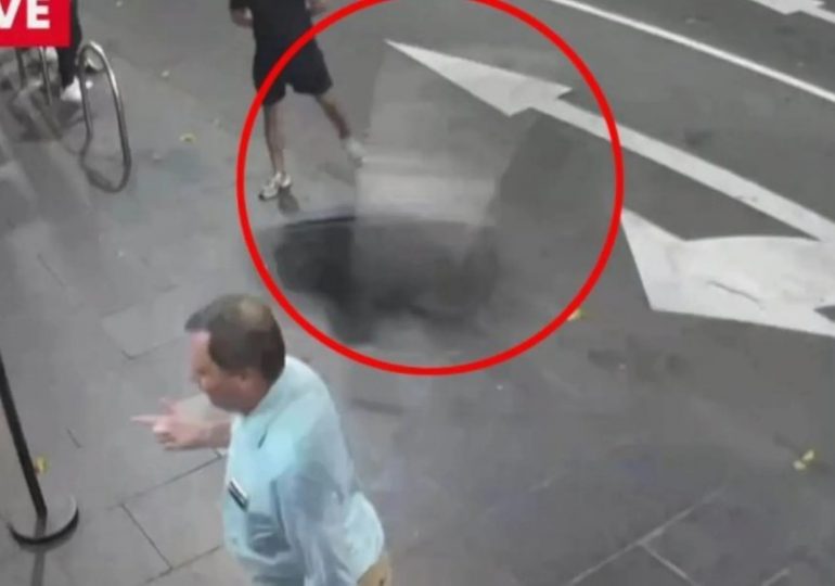 Shocking moment man is floored after being struck by a flying chair outside strip club as he’s being kicked out of venue