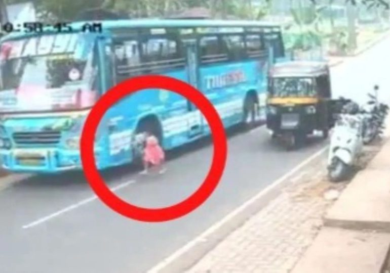 Heartstopping CCTV shows toddler run out onto busy road – as bus hurtles right towards her