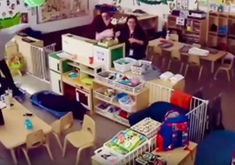 Shocking moment female nursery teacher hurls shoe at five-year-old girl as colleague laughs despite youngster crying out
