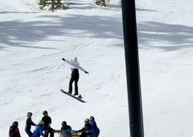 Shocking moment girl, 12, plunges 28ft from ski chairlift and misses safety net after slipping from parents’ hand